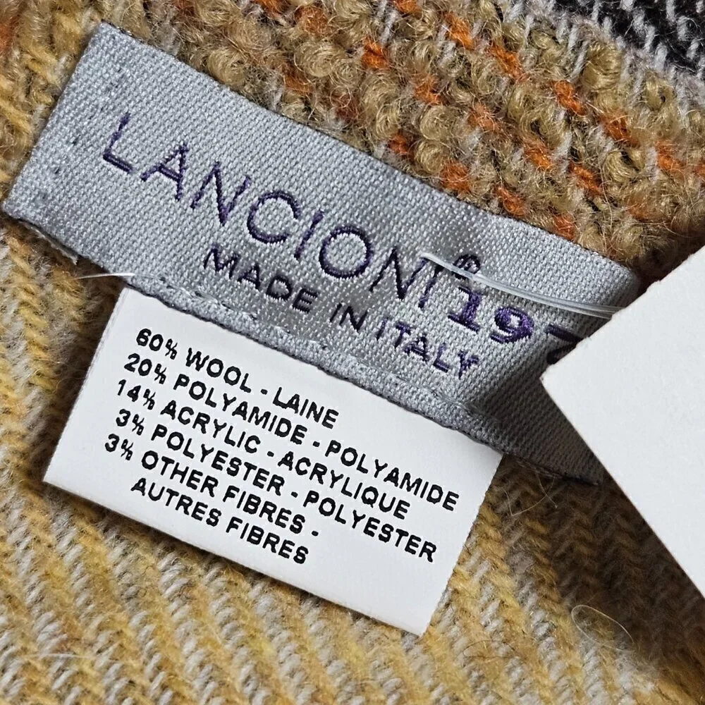 Lancioni 1973 Wool Blend Plaid Long Wrap Scarf‎ Fringed Artisanal Classic